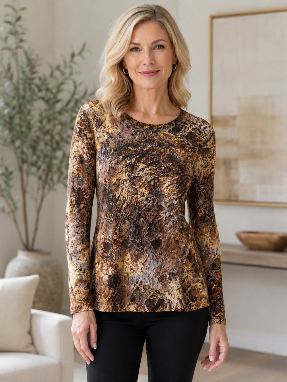 Karen Kane Sheer Animal Print Top XL Brown Gold Black Long Sleeve Made in USA